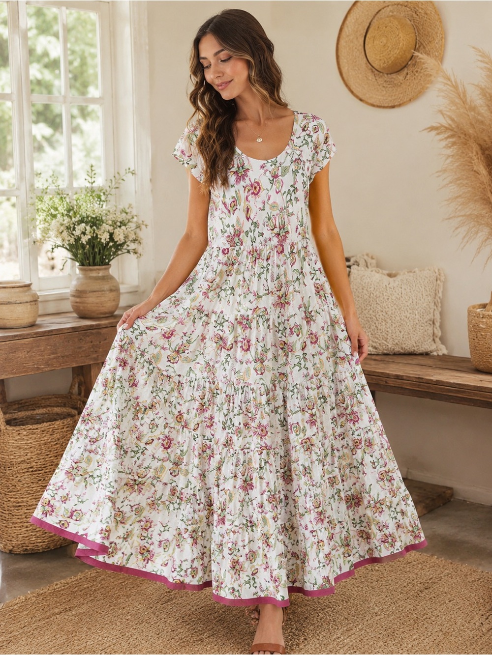 Soft Surroundings Floral Cotton Maxi Dress Boho Cottagecore Tiered Romantic